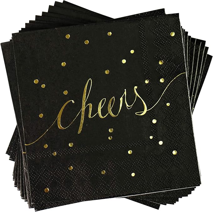 Black and Gold Cocktail Napkins - Pack of 50 Disposable Bar Napkins - Wedding Baby Shower Birthday Graduation Dessert - 3 Ply - By Simple-Glee