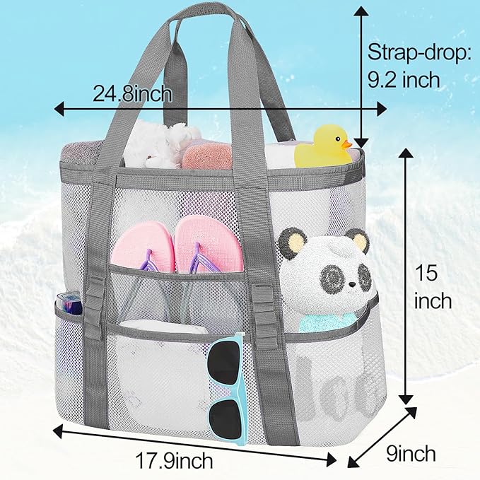 Mesh Beach Bags for Family - Women Beach Tote Bag for Toys, Towels, Travel Vacation Cruise Essentials
