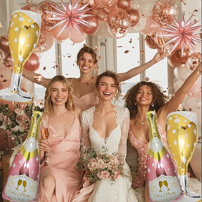 91 Pcs Rose Gold Balloons, Huge Explosion Star Balloons Champagne Bottle Goblet Aluminum Foil Balloon for Birthday, Bachelorette, Bridal Shower, Wedding, Engagement Party Decorations Supplies