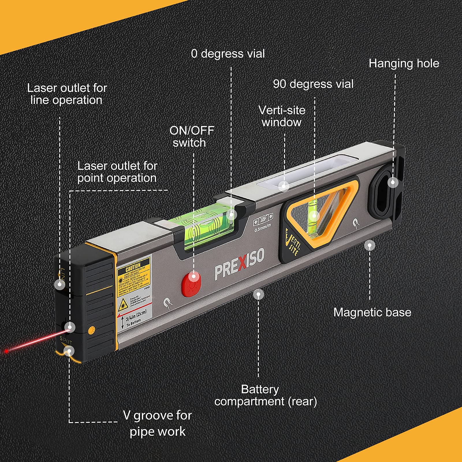 PREXISO 2-in-1 Laser Level 12 in Spirit Level with Light, 100Ft Alignment Point & 30Ft Leveling Line, Magnetic Laser Leveler Tool for Construction Picture Hanging Wall Writing Painting Home Renovation