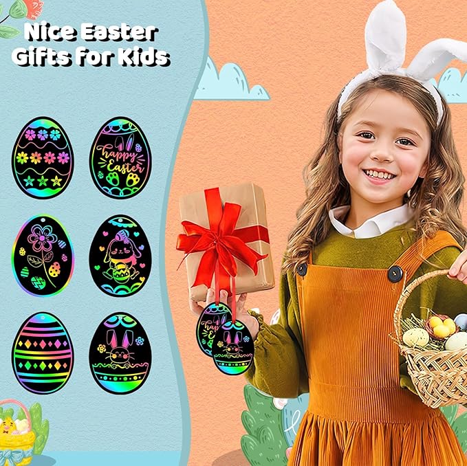 JULMELON 36 PCS Easter Egg Scratch Art for Kids, Rainbow Magic Scratch Paper Easter Crafts for Kids Gifts School Classroom Activities Project Party Favors Basket Fillers