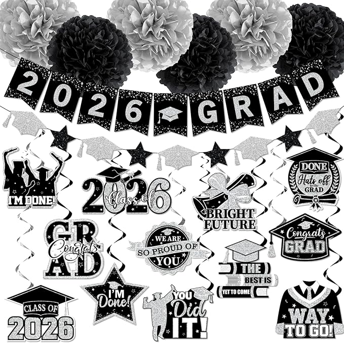 Black and Silver Graduation Decorations 2026, 2026 Grad Banner and Congrats Grad Hanging Swirls, Silver Graduation Banner Graduations Hanging Swirls College Graduations Party Decorations Class of 2026