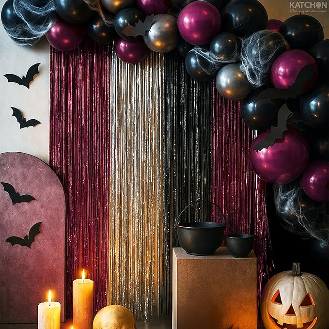 KatchOn, Burgundy Black and Silver Foil Fringe Curtains – Pack of 6 | Tinsel Backdrop for Bridal Shower, Bachelorette Party Decorations | Streamer Backdrop for Christmas, Halloween Decorations Indoor