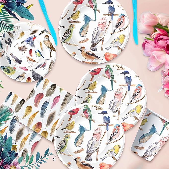 Xigejob Bird Party Decorations Tableware for Bridal Baby Shower Birthday Wedding Summer Tea, Colorful Bird Birthday Party Supplies, Paper Plate, Cup, Napkin, Tablecloth, Cutlery, Serves 24