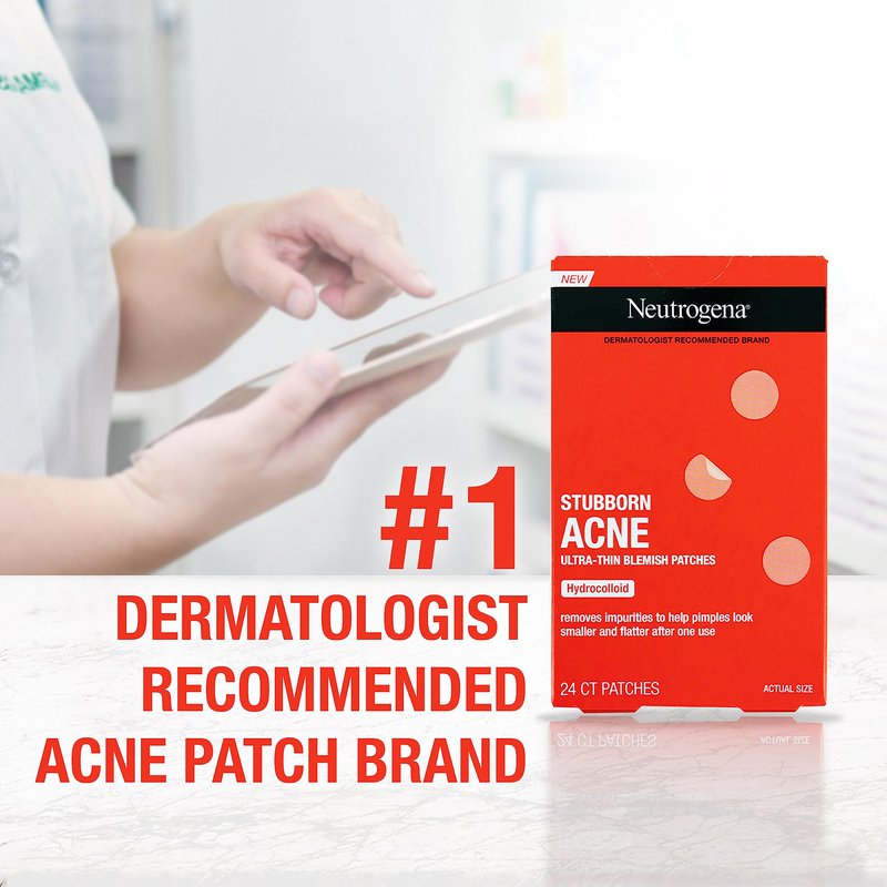 Neutrogena Stubborn Acne Blemish Patches, Ultra-Thin Hydrocolloid Acne Patch Absorbs Fluids & Removes Impurities To Help Pimples Look Smaller After One Use, 2 x 24 Patches, (48 Patches)