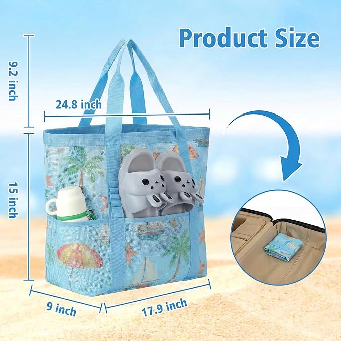 Mesh Beach Bags for Family - Women Beach Tote Bag for Toys, Towels, Travel Vacation Cruise Essentials