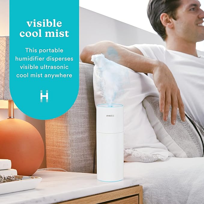 Homedics Portable Humidifier - Small Air Humidifiers for Bedroom, Plants, Office, Travel - Cool Mist Humidifiers, Color-Changing Accent Light, 2 Mist Settings, White