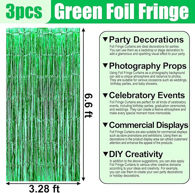 3 Pack Green Foil Fringe Curtain Backdrop, 3.28Ft x 6.6Ft Metallic Tinsel Foil Fringe Streamer Curtains for Photo Booth, Christmas Day, Thanksgiving, Wedding, New Year Party Decorations