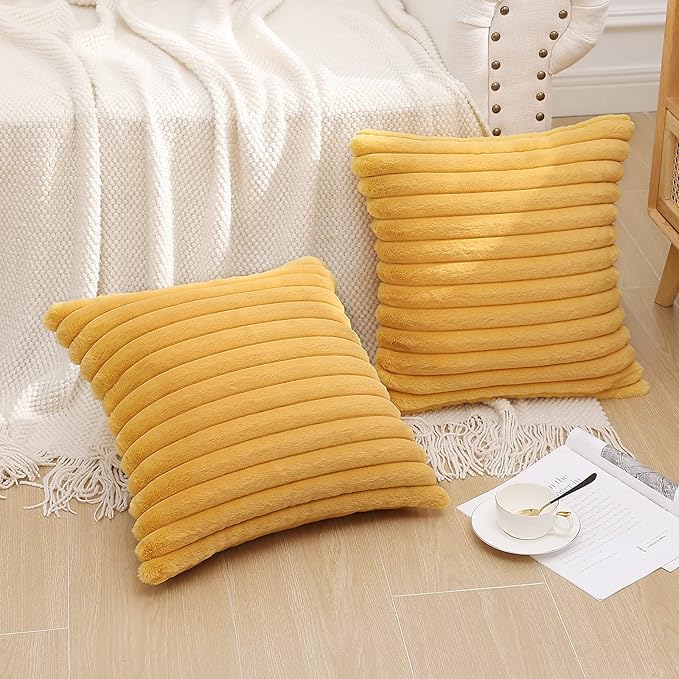 Pallene Faux Fur Plush Throw Pillow Covers 18x18 Set of 2, Luxury Soft Fluffy Striped Decorative Pillow Covers for Sofa, Couch, Living Room, Mustard Yellow