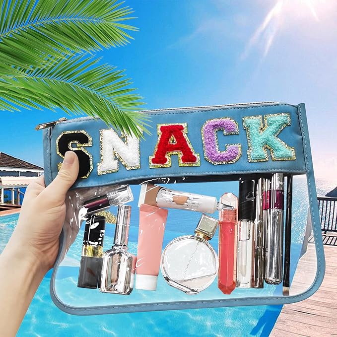 Chenille Letter Clear Travel Zipper Pouch Nylon Makeup Bag, Preppy Makeup Bag Clear Cosmetic Toiletry Bag, Water-proof Makeup Travel Pouch Snack Bags for Women (Blue-Snack)