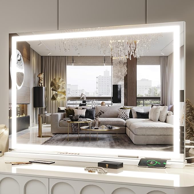 FENNIO Large Vanity Mirror with Lights，35.5" x 27" LED Makeup Mirror，Hollywood Mirror with 3 Color Modes & Adjustable Brightness，Vanity Mirror Square White