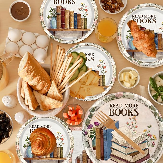 Rakuto Book Themed Party Tableware Decorations, 96PCS Book Club Paper Plates Napkins and Forks, Library Reading Club Party Decor, Serve 24