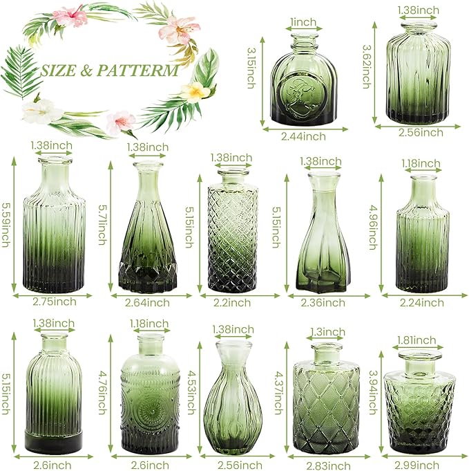 Green Glass Bud Vases Set of 12, Mini Flower Vase for Centerpieces, Small Glass Vases in Bulk for Wedding Decorations, Vintage Vase for Bridal Shower, Party, Recepetion, Home Table Décor
