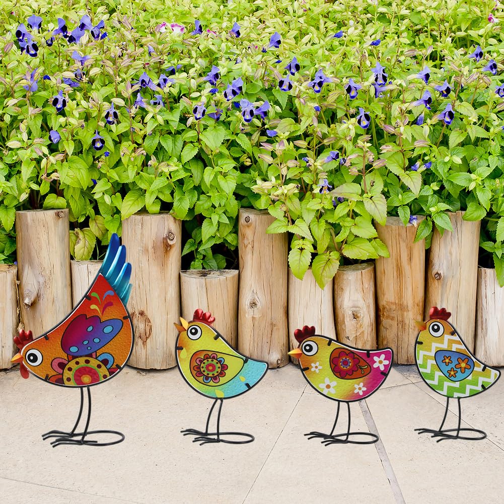 dreamskip 4 Pack Chicken Garden Decor for Outside, Rooster Glass & Metal Yard Art Decoration for Porch Patio, Bird Garden Statues Gifts for Grandma Mom Women (Colorful)