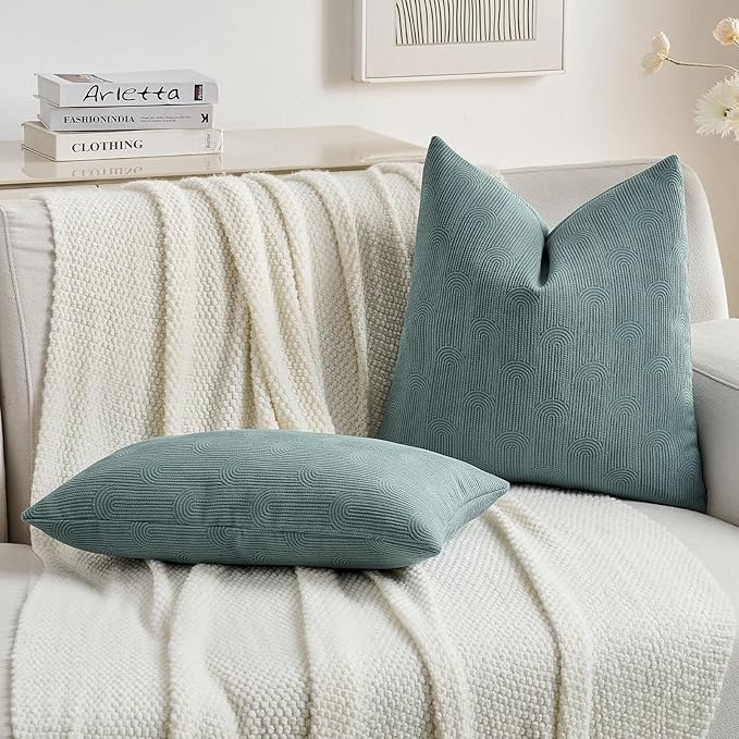 FUTEI Grey Blue Chenille Decorative Throw Pillow Covers 20x20 Inch Set of 2,Soft Cozy Striped Geometric Patterns Cushion Case,Modern Home Decor for Couch Bed Living Room
