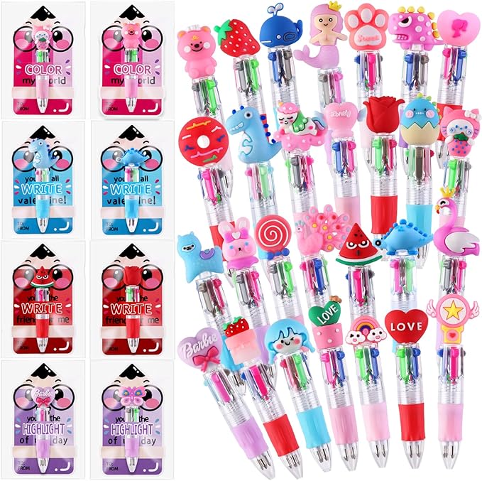 30 Pack Valentines Fun Pens with Cards 0.7mm Cute Animal Multicolor Ballpoint Pens Retractable 4 Colors in One Valentines Stationery Party Favors School Supplies Students Rewards