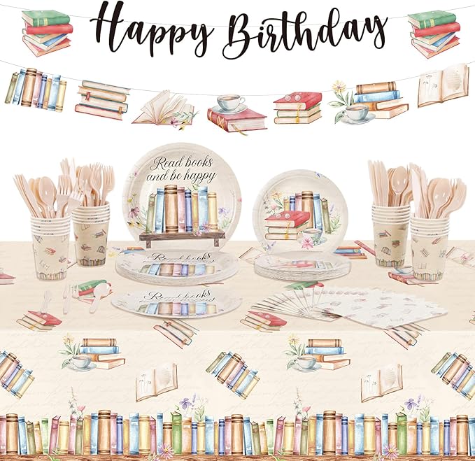 Zhehao 172 Pcs Book Themed Birthday Decorations 24 Set Book Birthday Party Tableware Included Disposable Tablecloths Plates Cups Napkins Banners Cutlery for Library Reading Storybook Party Decor