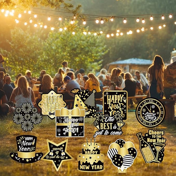 Amyhill 12 Pcs Happy New Year Outdoor Yard Decoration New Year Garden Lawn Signs with Stakes Holiday Waterproof Outdoor Decoration for Patio Lawn Walkway Party Decorations