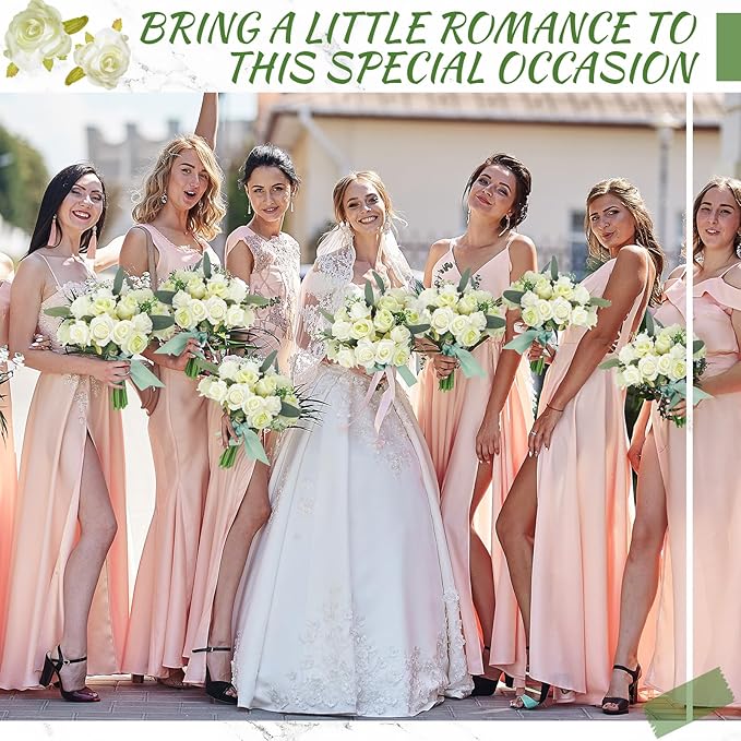 Zeyune 12 Bunches Wedding Bridesmaids Bouquets 144 Heads 7 Inch Artificial Rose Bouquets Silk Fake Flower Bulk with Stems for Valentine's Day Wedding Bridal Shower Home Party Decor(White Green)