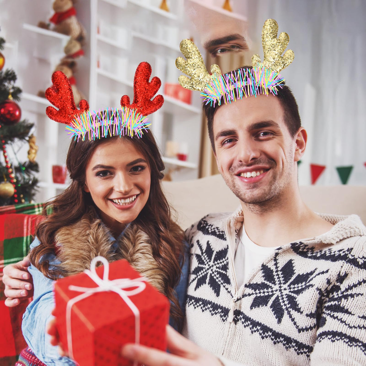Riceshoot 30 Pcs Christmas Reindeer Antlers Headband Bulk Deer Antlers Headbands with Ears Deer Costume for Women Halloween Party Favors Supplies