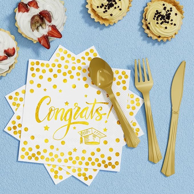 Ecomore 2026 Graduation Decorations - 245 PCS Grad Disposable Dinnerware(Serve 25) & Graduation Party Supplies With Congrats Paper Plate Cup Napkin Cutlery Tablecloth Backdrop Balloon Kit - White Gold