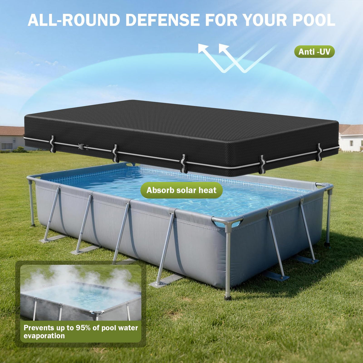 7x10Ft Rectangular Pool Cover, Swimming Pool Cover for Above Ground Pool, Solar Cover Including Full-Circle Windproof Buckle, Winter Cover Ideal for Waterproof and Dustproof