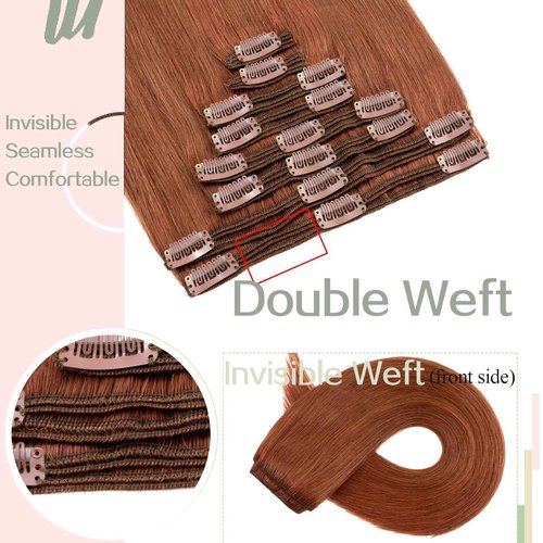 S-noilite Clip in Human Hair Extensions 100% Real Remy Thick True Double Weft Clip in Hair Extensions Full Head 8 Pieces 18 Clips Straight Silky (14 Inch - 120g,Dark Auburn (#33))