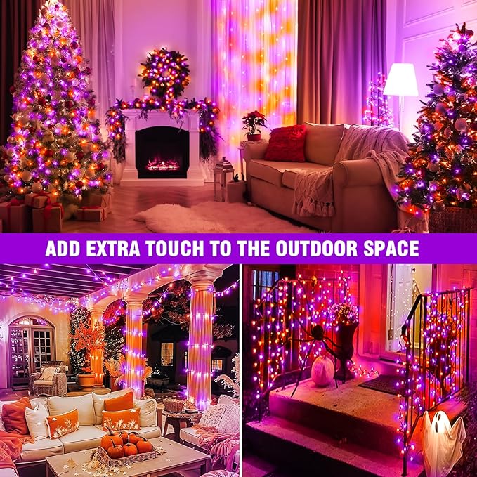 70 ft Purple-Orange LED String Lights – 210 LEDs on Transparent Wire, Waterproof & Connectable Holiday Décor – Spooky Halloween & Warm Christmas Ambiance