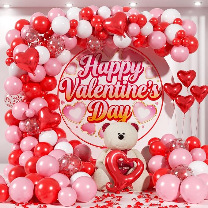 Valentines Day Balloons Garland Arch Kit - 147Pcs Different Size Red Pink White and Confetti Balloons with Heart Foil Balloon for Valentine's Day Galentine's Day Anniversary Party Decorations