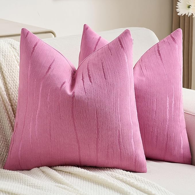 FUTEI Hot Pink Chenille Decorative Throw Pillow Covers 18x18 Inch Set of 2,Soft Embossed Striped Textured Cushion Case,Modern Home Decor for Couch Bed Living Room