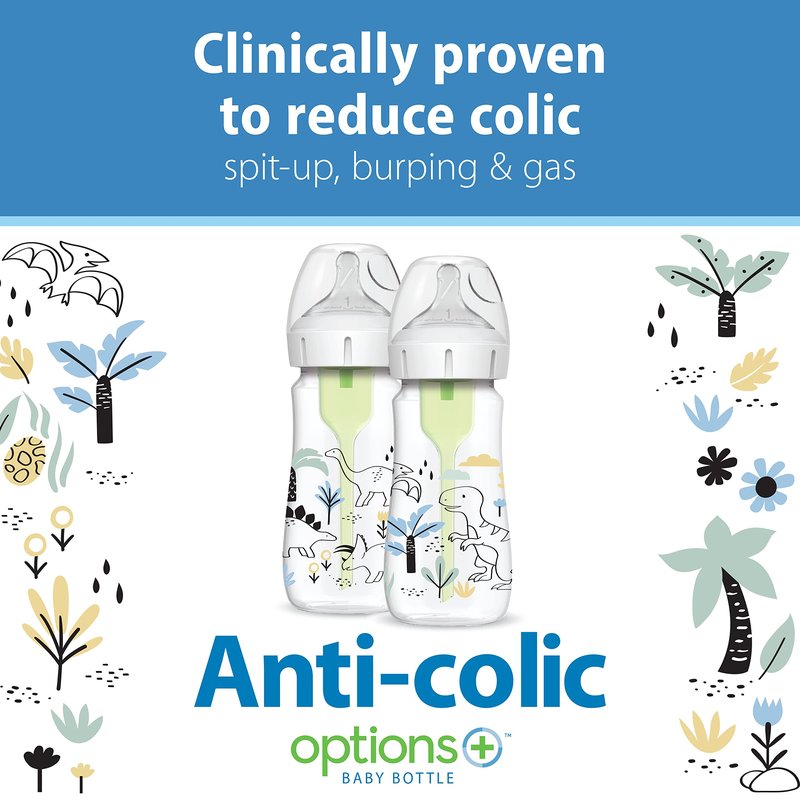Dr. Brown's Anti-Colic Options + Wide-Neck Baby Bottle Designer Edition Dino Decos, 9oz/270mL, Level 1 Slow Flow Nipple, BPA-Free, 0m+, 2-Pack