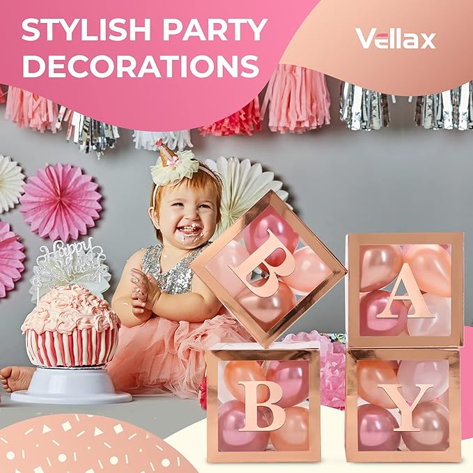 Baby Shower Decorations – Rose Gold Baby Shower Boxes with Letters, Baby Blocks with Rose Gold, Pink, and White Balloons – 44-Piece Party Set for Boys and Girls by Vellax®