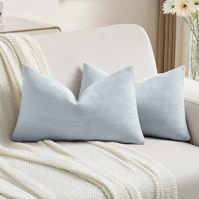 FUTEI Light Blue Chenille Decorative Throw Pillow Covers 12x20 Inch Set of 2,Soft Cozy Striped Geometric Patterns Lumbar Pillow Cases,Modern Home Decor for Couch Bed Living Room