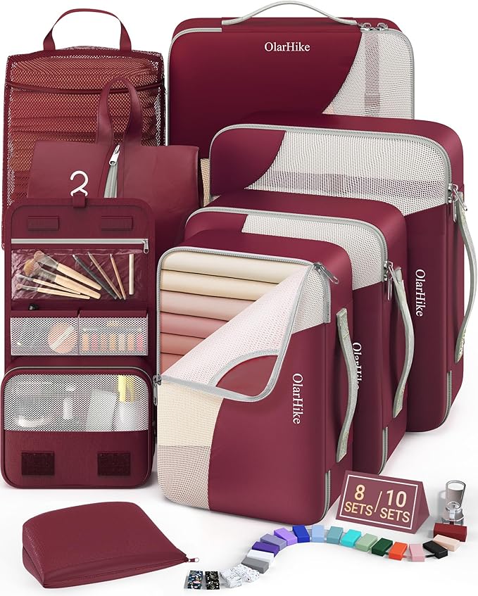 8 Set Packing Cubes for Travel, Gifts for Women Mom,Anti-Tearing Suitcase Organizer for Luggage with Shoe & Hanging Toiletry Bag,OlarHike Vacation Essentials & Accessories for Cruise Ship