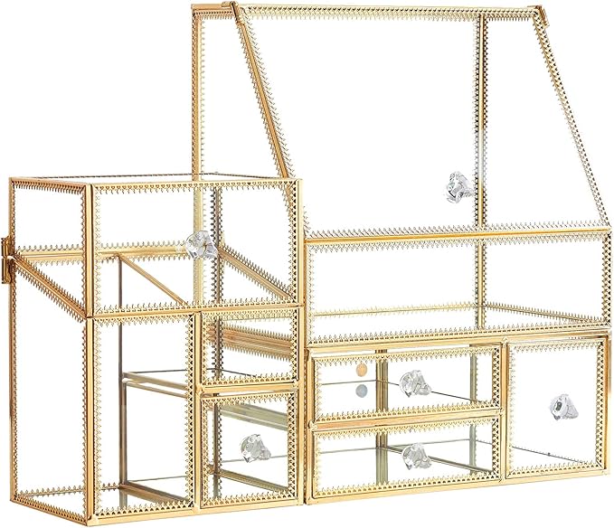 Hersoo Luxury Stackable Glass Cosmetic Organizer 3-Piece Set-Durable,Premium Shatterproof Vanity Storage,Artisan-Design for High-End Bathroom&Makeup Counter Decor(gold)