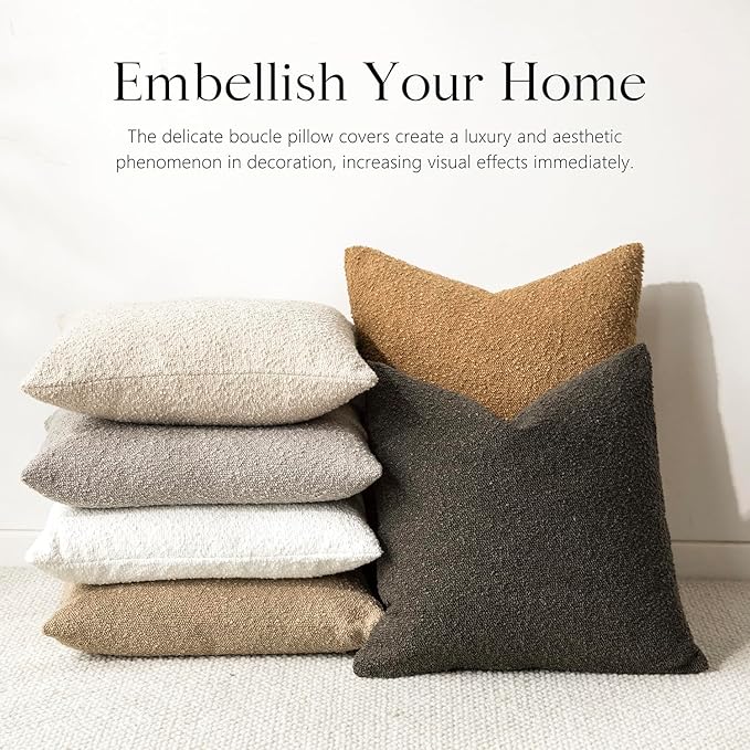 Foindtower Set of 2, Decorative Textured Boucle Throw Pillow Covers Accent Solid Pillow Cases Neutral Soft Cozy Couch Cushion Case for Chair Sofa Bedroom Living Room Home Decor 16 x 16 Inch Dark Brown