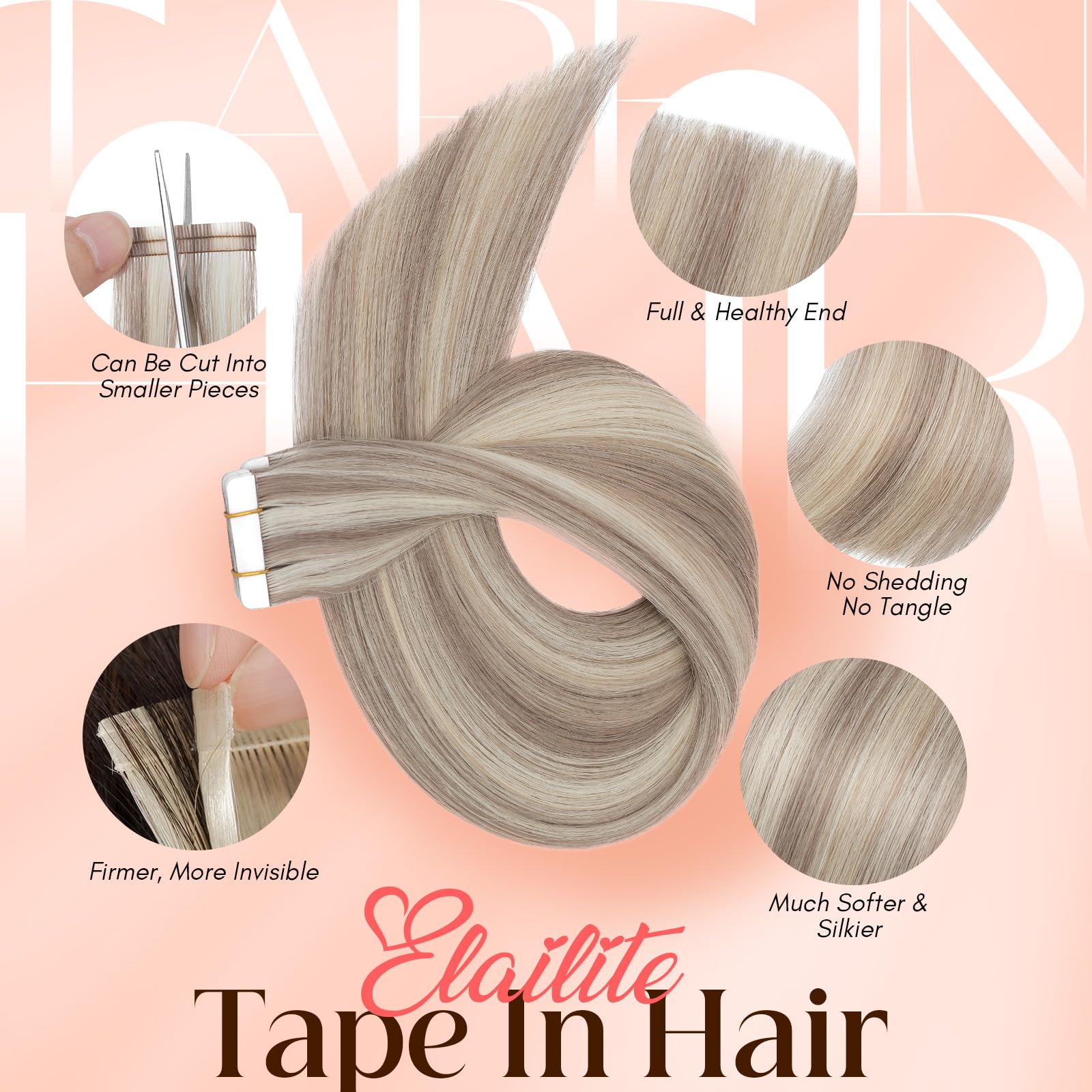 Elailite Tape in Hair Extensions Human Hair Thick Real Remy Hairpieces Ash Blonde & Bleach Blonde 14 Inch 40g 20pcs Straight Invisible Seamless Skin Weft Best Tape for Women