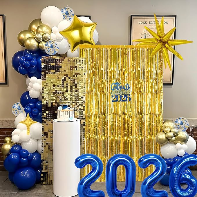 Graduation Balloon Garland Arch Kit for Graduation Decorations Class of 2026 - Blue Gold and White Balloons Different Sizes 5 12 18 Inch Graduations Balloons Arch for Grad Party Supplies