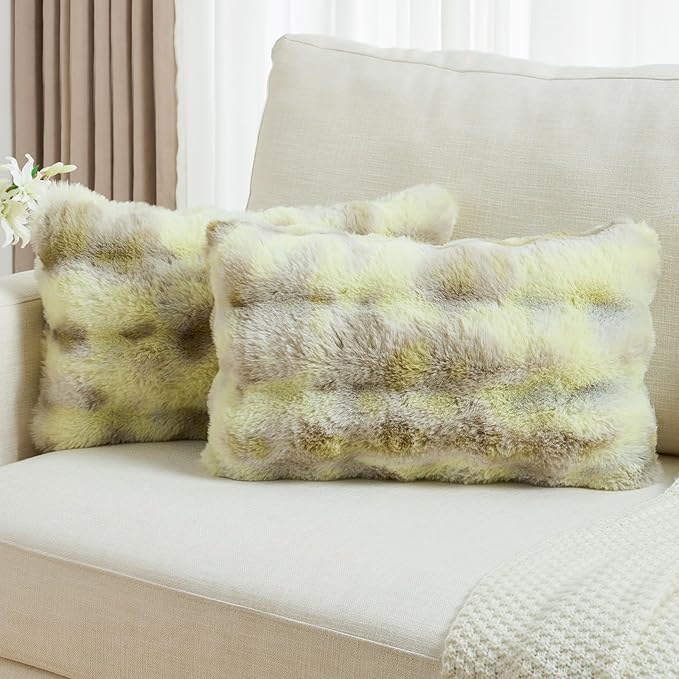 FUTEI Green White Decorative Throw Pillow Covers 12x20 Inch Set of 2,Soft Fuzzy Faux Rabbit Fur Pillow Case with Raised Texture,Neutral Boho Home Decor for Couch Bed Living Room