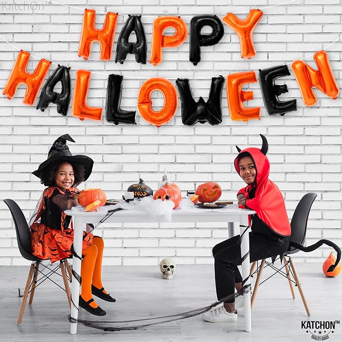 KatchOn, Happy Halloween Banner Balloons – 16 Inch, Pack of 14 | Orange and Black Foil Letters | Spooky Balloon Banner, Halloween Decor, Haunted House Decorations | Spooky One Birthday Decorations