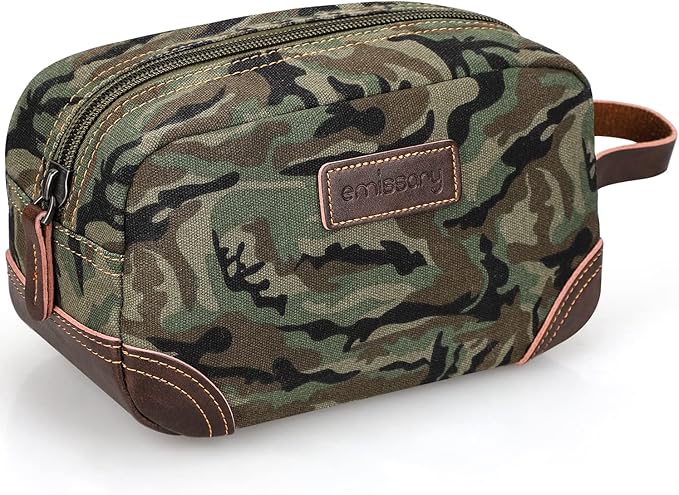 Emissary Leather & Canvas Dopp Kit - Men's Shaving & Toiletry Travel Bag, Small, Camo-Green