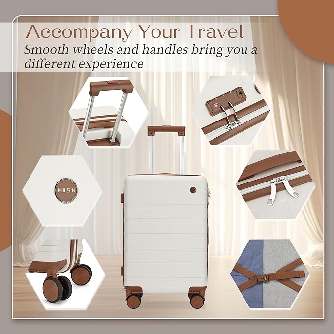 Hulsin Luggage Sets Clearance 3 Piece Hardside Suitcase with Wheels, 20/24/28 inch Rolling Luggage Set for Women, Hard Shell Travel Suitcases with TSA Lock (White, 3PCS)