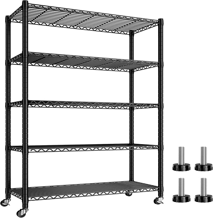 REIBII Storage Shelves Load 1980LBS,5 Tier Metal Shelving Unit with Wheels,Adjustable Garage Shelving Wire Shelves Commercial Shelf for Garage Pantry Kitchen,76''HX36''WX16''D Black