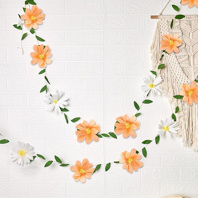 2PCS Paper Flower Garland, Paper Leaves Banner Vine Flowers with Green Leaves Crepe Flower Garland Decorations for Wall Anniversary Wedding Birthday Arch Decor-Orange
