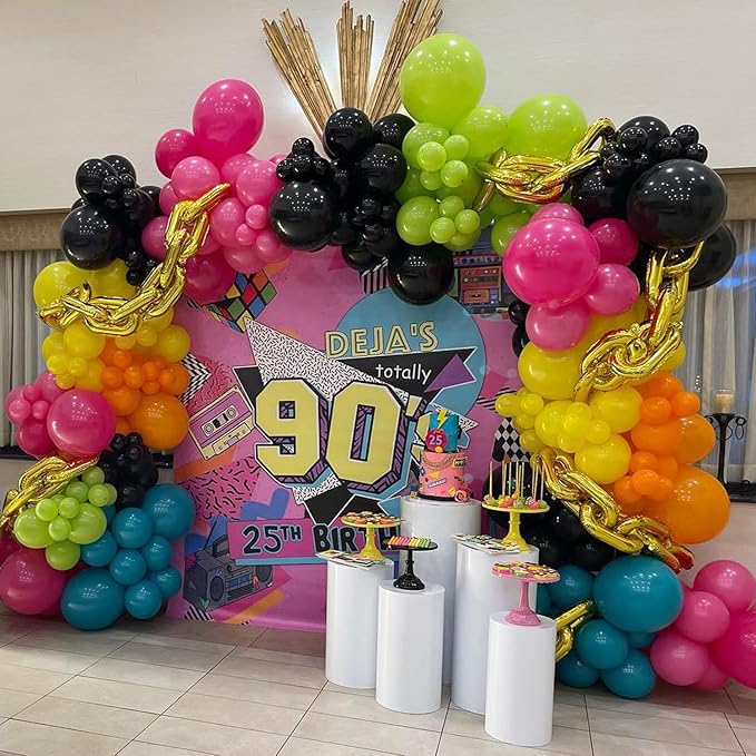 80s 90s Disco Party Decorations, 149Pcs Colorful Balloon Garland Kit Hot Pink Orange Green Balloons with Radio Retro Mobile Phone Balloons for Back to the 80s 90s Hip Hop Music Birthday Supplies