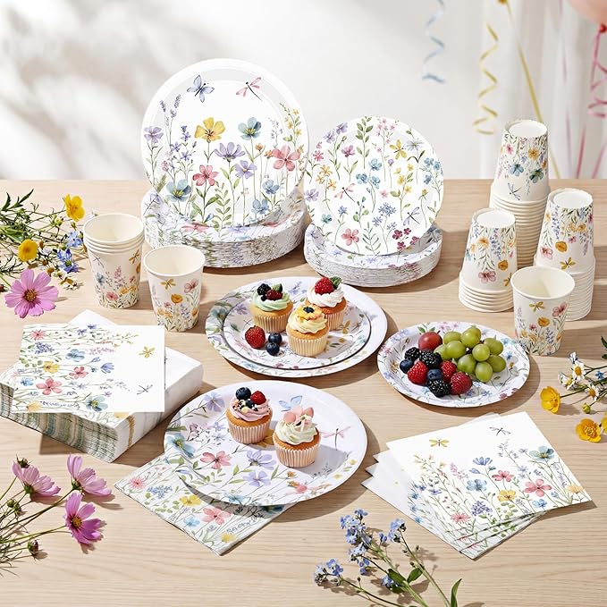 Pickmesh 250 Pcs Spring Floral Disposable Tableware Set Wildflower Butterfly Disposable Paper Plates Napkins and Cups for Baby Bridal Shower Birthday Wedding Baby in Bloom Garden Tea Party Supplies
