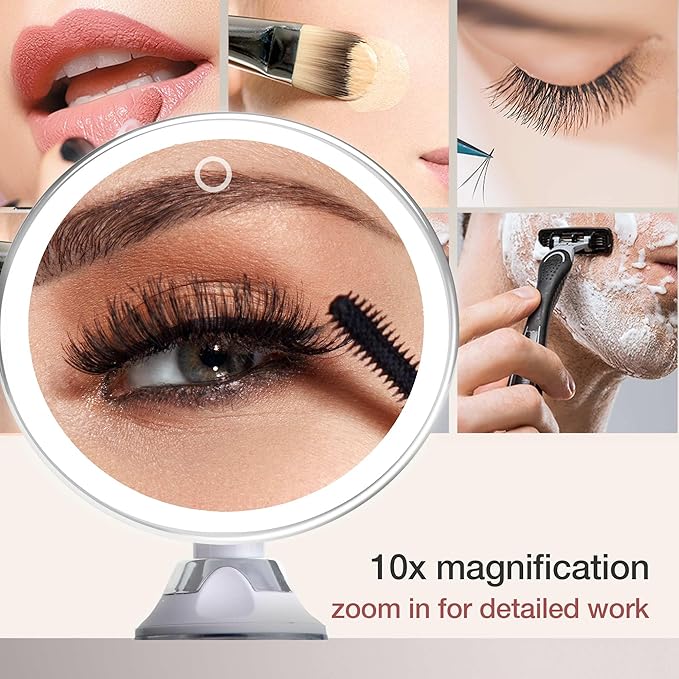 Fancii Rechargeable 10X Magnifying Makeup Mirror with 3 Light Settings - Large 8 inch Lighted Travel Vanity Mirror, Locking Suction Cup, 40pcs Dimmable LEDs, 12 Hours Battery Life - Luna 2