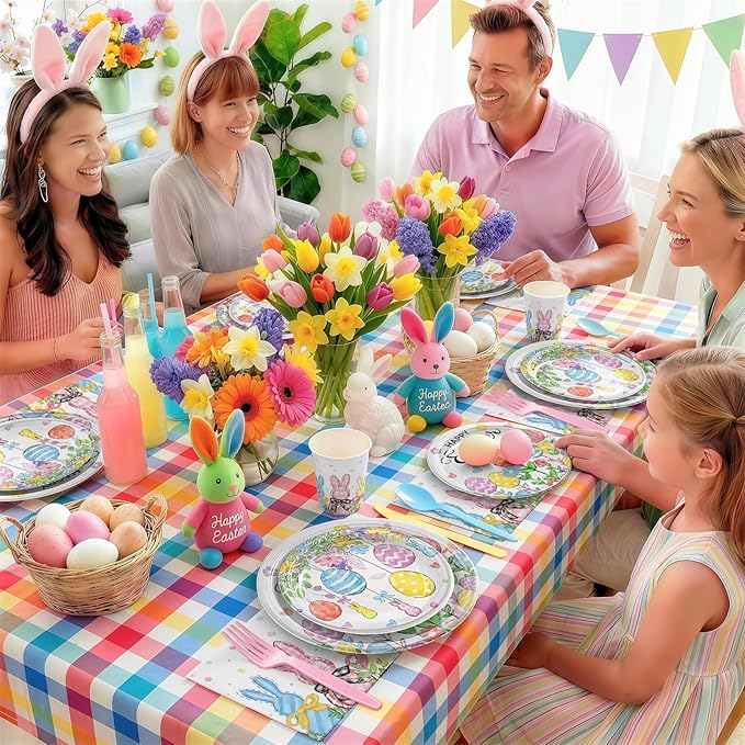 168PCS Happy Easter Party Supplies Floral Egg Party Decorations Easter Bunny Paper Plates Napkins Cups and Forks for Brunch Egg Hunt Spring Celebrations Serves 24
