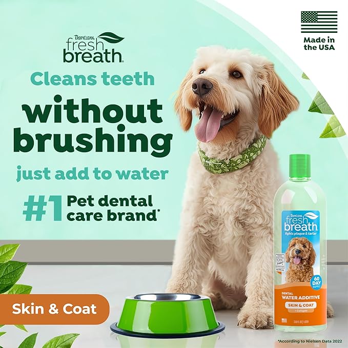 TropiClean Fresh Breath Water Additive for Dogs with Collagen, Skin Health Support for Dogs, Breath Freshener and Teeth Cleaning Solution, 33.8oz.