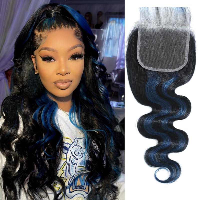 ALHER Black Mix Blue Highlight Body Wave 4x4 Lace Closure, 12A #1B/Blue Colored Closure Free Part Pre Plucked with Baby Hair, 100% Virgin Remy Human Hair for Black Women 150% Density 10 Inch
